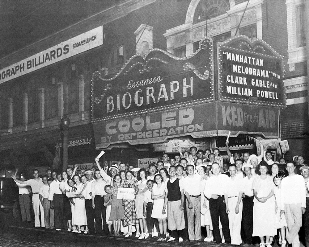A crowd gathers outside the Biograph Theater, where John Dillinger was killed in 1934