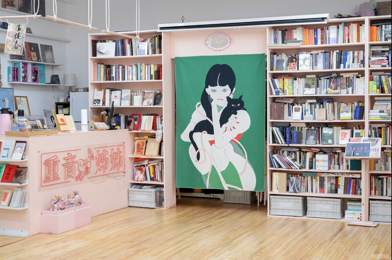 Interior of Accent Sisters space with bookshelves and a portrait of a young girl holding a cat.