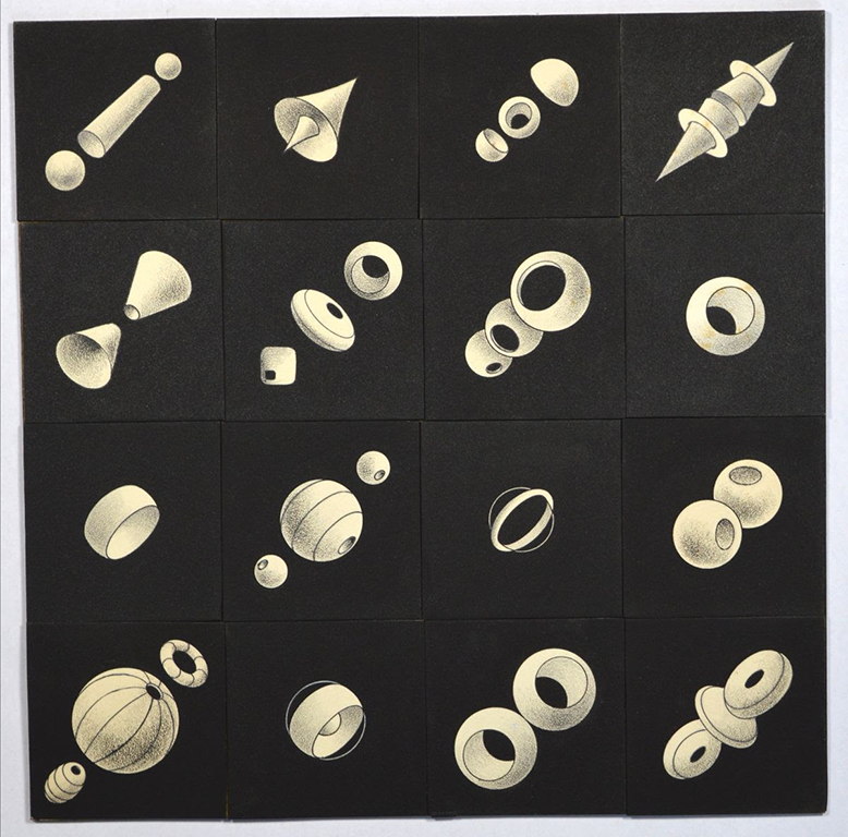Belson, “Rotators” study, c. 1957, ink on board assemblage. Courtesy Estate of Jordan Belson and Matthew Marks Gallery.