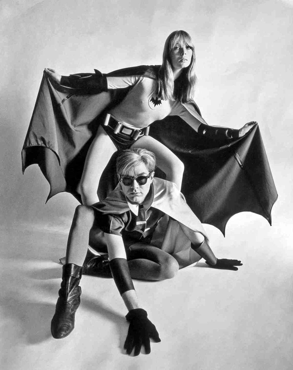 Nico and Andy Warhol posing as Batman and Robin for Esquire, 1967. Three years earlier Warhol directed Jack Smith and other underground luminaries in Batman Dracula.