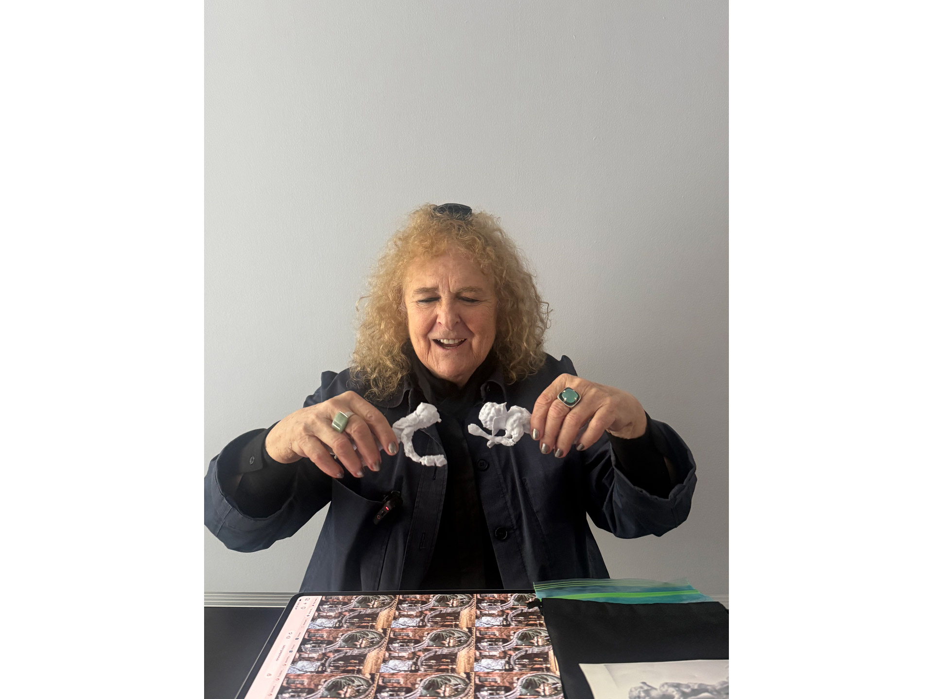 Nina Sobell with the 3D sculptures used in GammaTime at Various/Artists, 2026. 