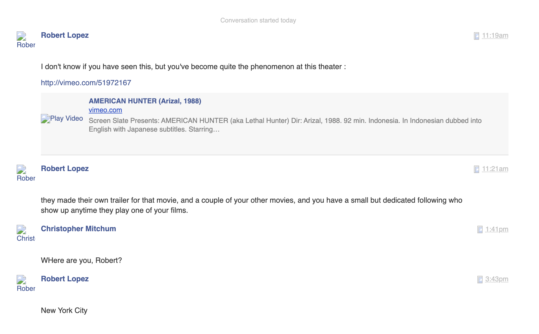 Facebook exchange with American Hunter star Christopher Mitchum, June 2014