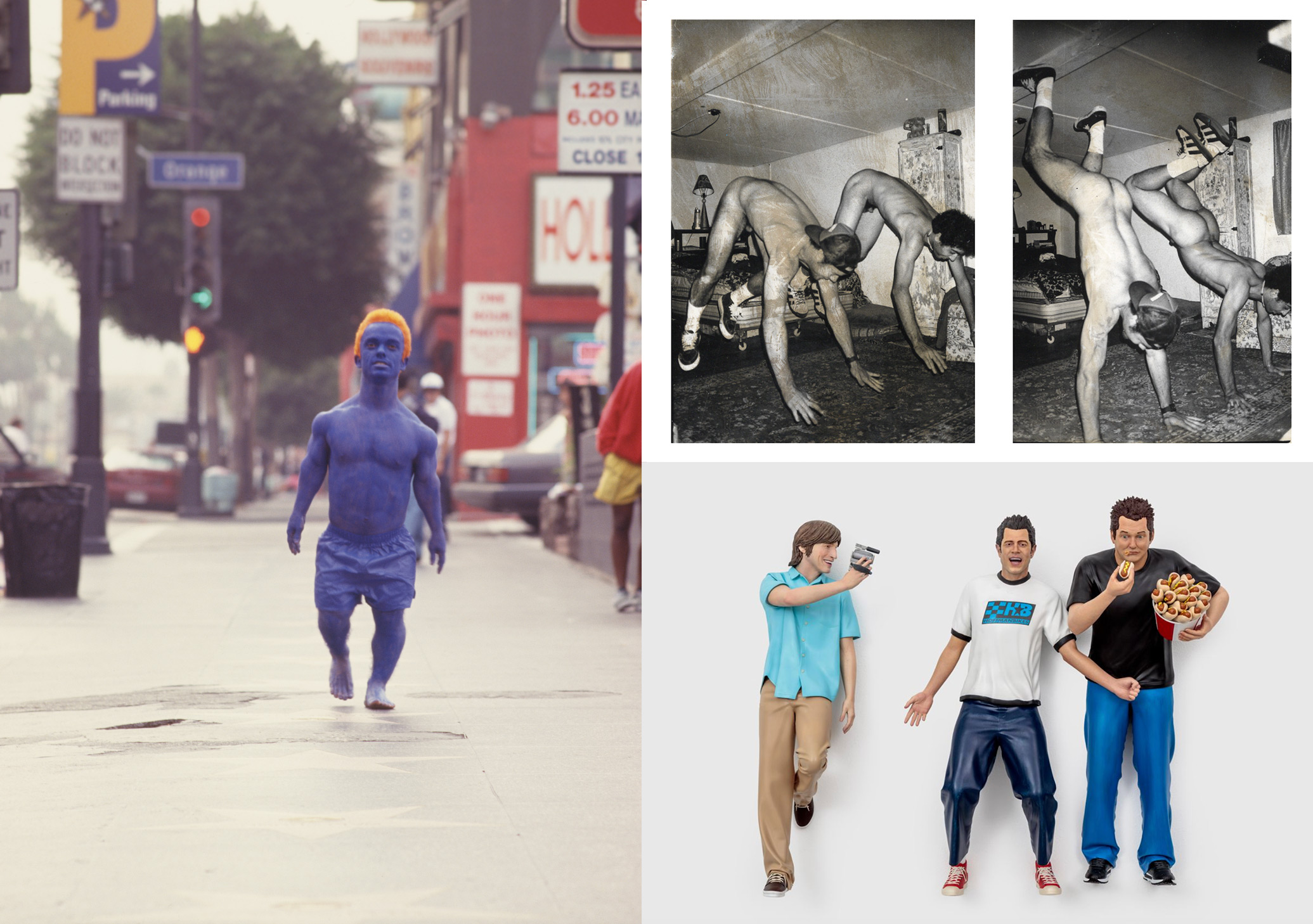L: Rick Kosick, “Jason Weeman Acuna painted blue walking down Hollywood blvd”; R (top to bottom): Dave Carnie, “The Donkey Dance” (Featuring Chris Pontius and friend), 1991; Johnny Knoxville"oh you pretty bastards"