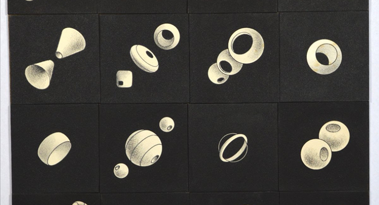 Belson, “Rotators” study, c. 1957, ink on board assemblage. Courtesy Estate of Jordan Belson and Matthew Marks Gallery.